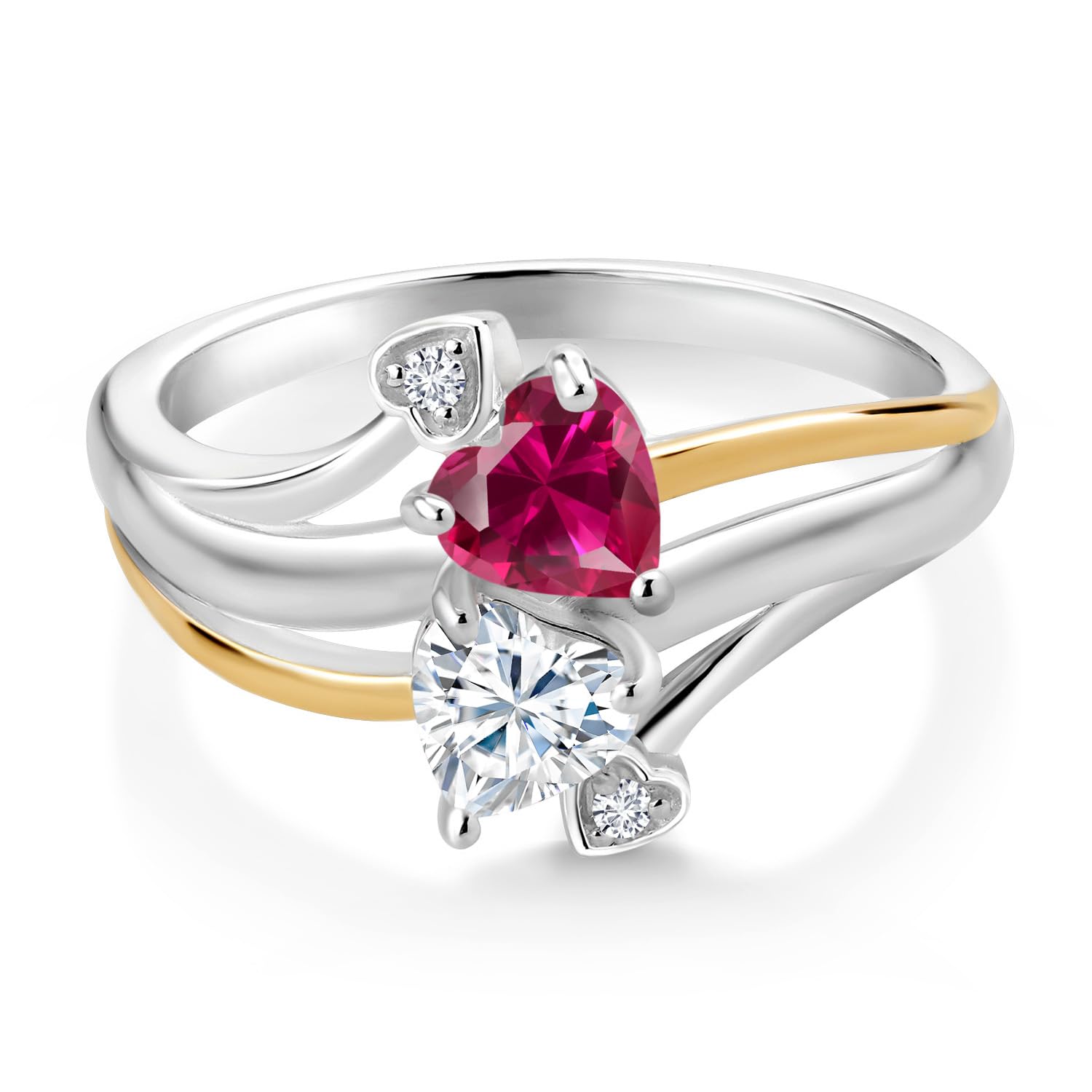 Gem Stone King 925 Silver and 10K Yellow Gold 2 Heart Promise Couple Engagement Mother Lab Grown Diamond Ring Created Ruby Moissanite Very Light IJK (1.12 Cttw) (Size 7)