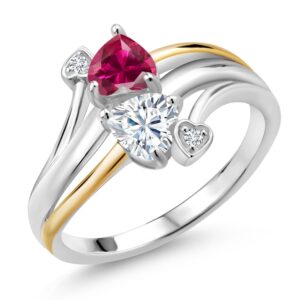 Gem Stone King 925 Silver and 10K Yellow Gold 2 Heart Promise Couple Engagement Mother Lab Grown Diamond Ring Created Ruby Moissanite Very Light IJK (1.12 Cttw) (Size 7)