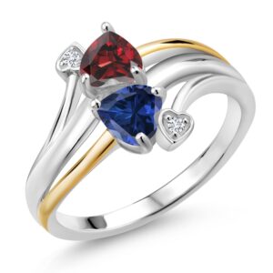 gem stone king 925 silver and 10k yellow gold red garnet blue created sapphire & lab grown diamond 2 heart promise couple engagement mother ring (1.12 cttw, available in size 5, 6, 7, 8, 9)