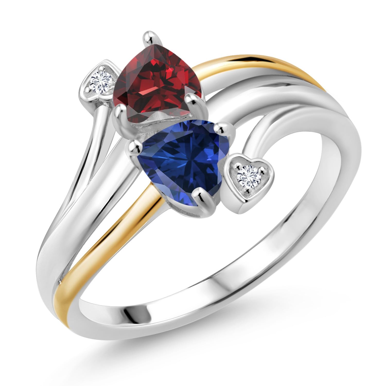 Gem Stone King 925 Silver and 10K Yellow Gold Red Garnet Blue Created Sapphire & Lab Grown Diamond 2 Heart Promise Couple Engagement Mother Ring (1.12 Cttw, Available In Size 5, 6, 7, 8, 9)