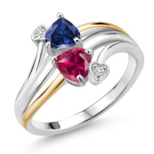 gem stone king 925 sterling silver and 10k yellow gold blue created sapphire and red created ruby ring for women (1.12 cttw, available in size 5, 6, 7, 8, 9)