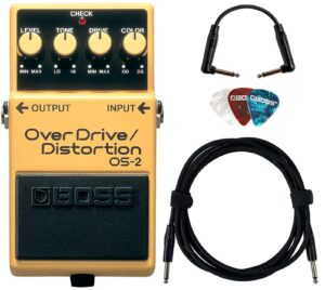 boss os-2 overdrive/distortion bundle with 10ft instrument cable, 6in patch cable, and picks