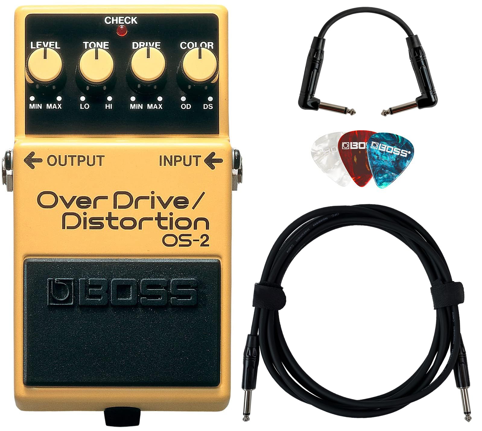 Boss OS-2 OverDrive/Distortion Bundle with 10ft Instrument Cable, 6in Patch Cable, and Picks