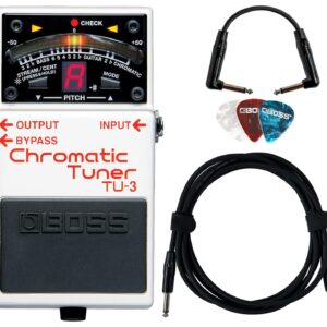 Boss TU-3 Chromatic Tuner Pedal - Bundle with 10ft Instrument Cable, 6in Patch Cable, and Picks