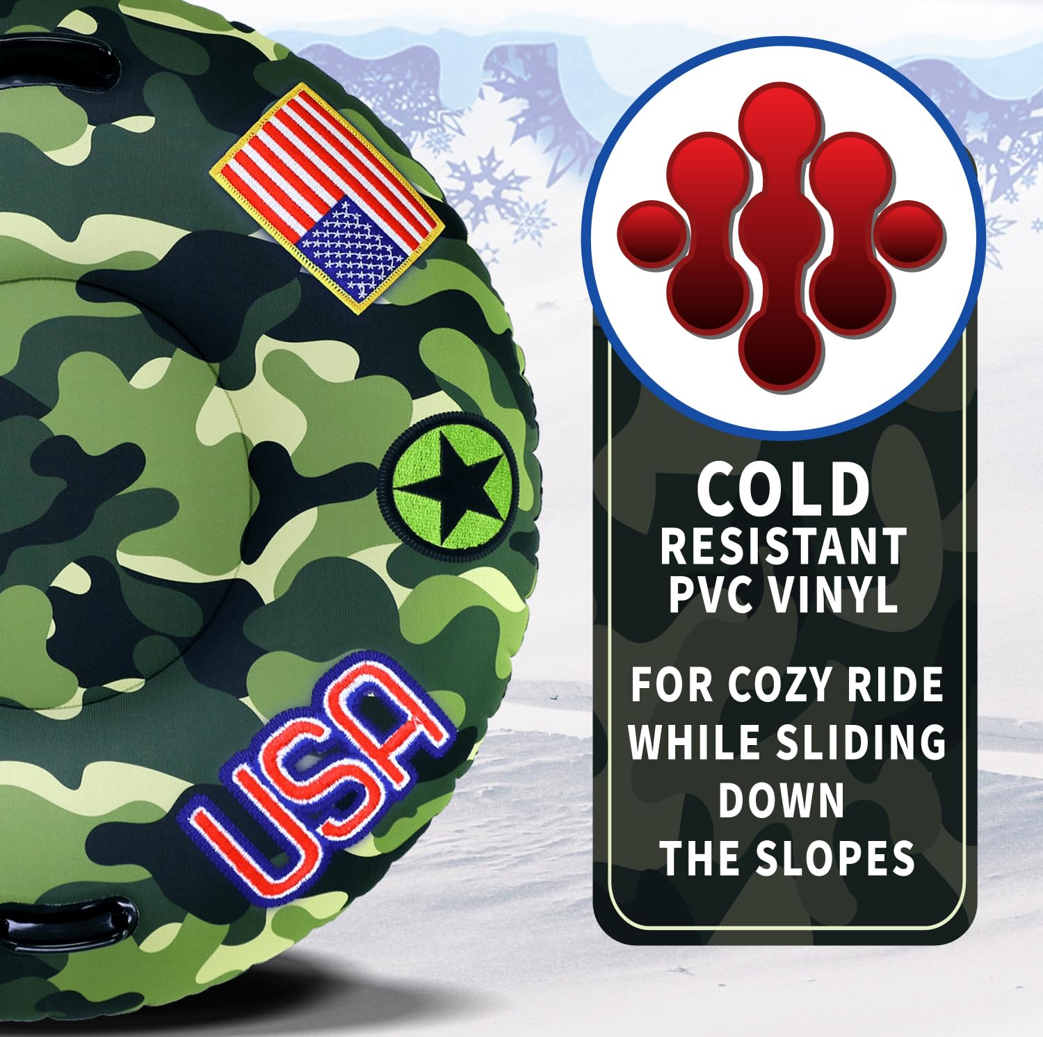 Wham-O Snowboogie Super Snow Tube 46" Oversize Deluxe USA Camo Edition | Single Rider Snow Sleds | Inflatable Snow Sled for Adults & Children