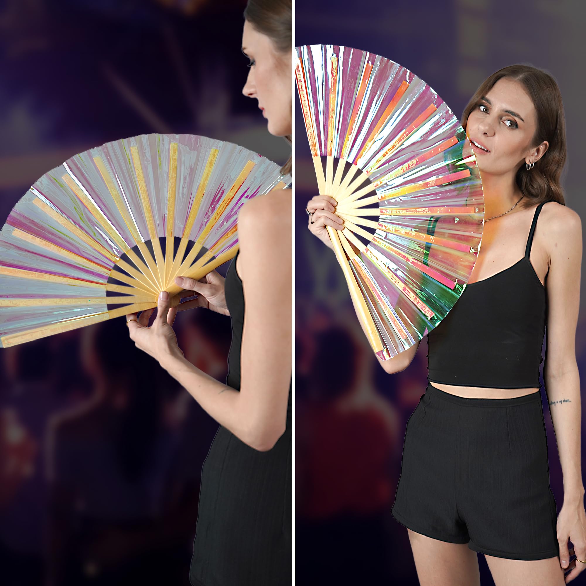 SoJourner Bags Holographic Rave Fan - Festival Fan - Large Folding Fan for Festivals, Halloween, Rainbow Outfits for Women & Rave Accessories - Clack Fan Hand Fan