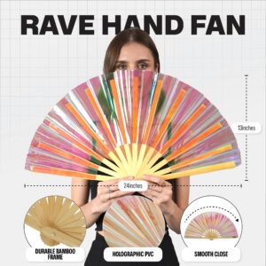 SoJourner Bags Holographic Rave Fan - Festival Fan - Large Folding Fan for Festivals, Halloween, Rainbow Outfits for Women & Rave Accessories - Clack Fan Hand Fan