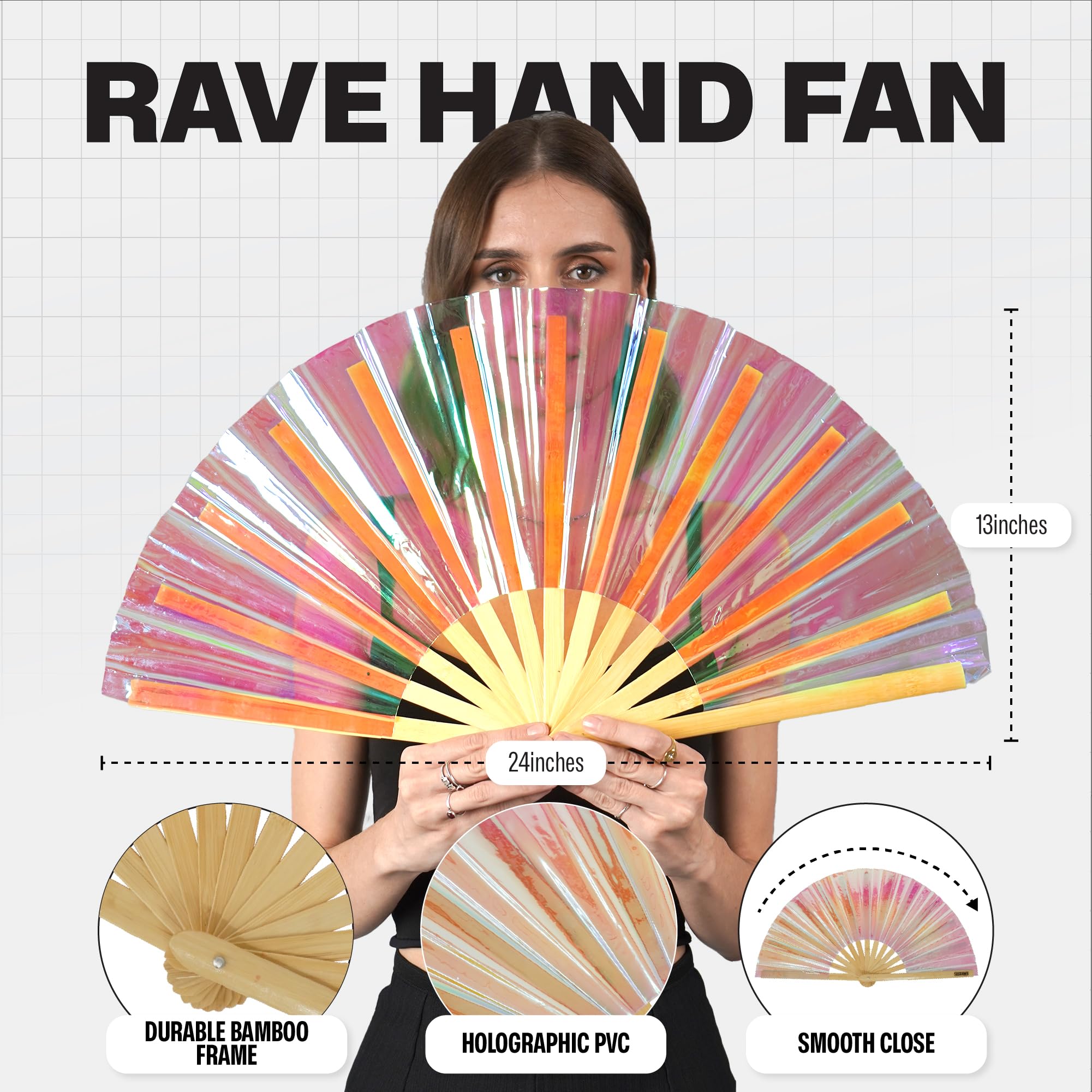 SoJourner Bags Holographic Rave Fan - Festival Fan - Large Folding Fan for Festivals, Halloween, Rainbow Outfits for Women & Rave Accessories - Clack Fan Hand Fan