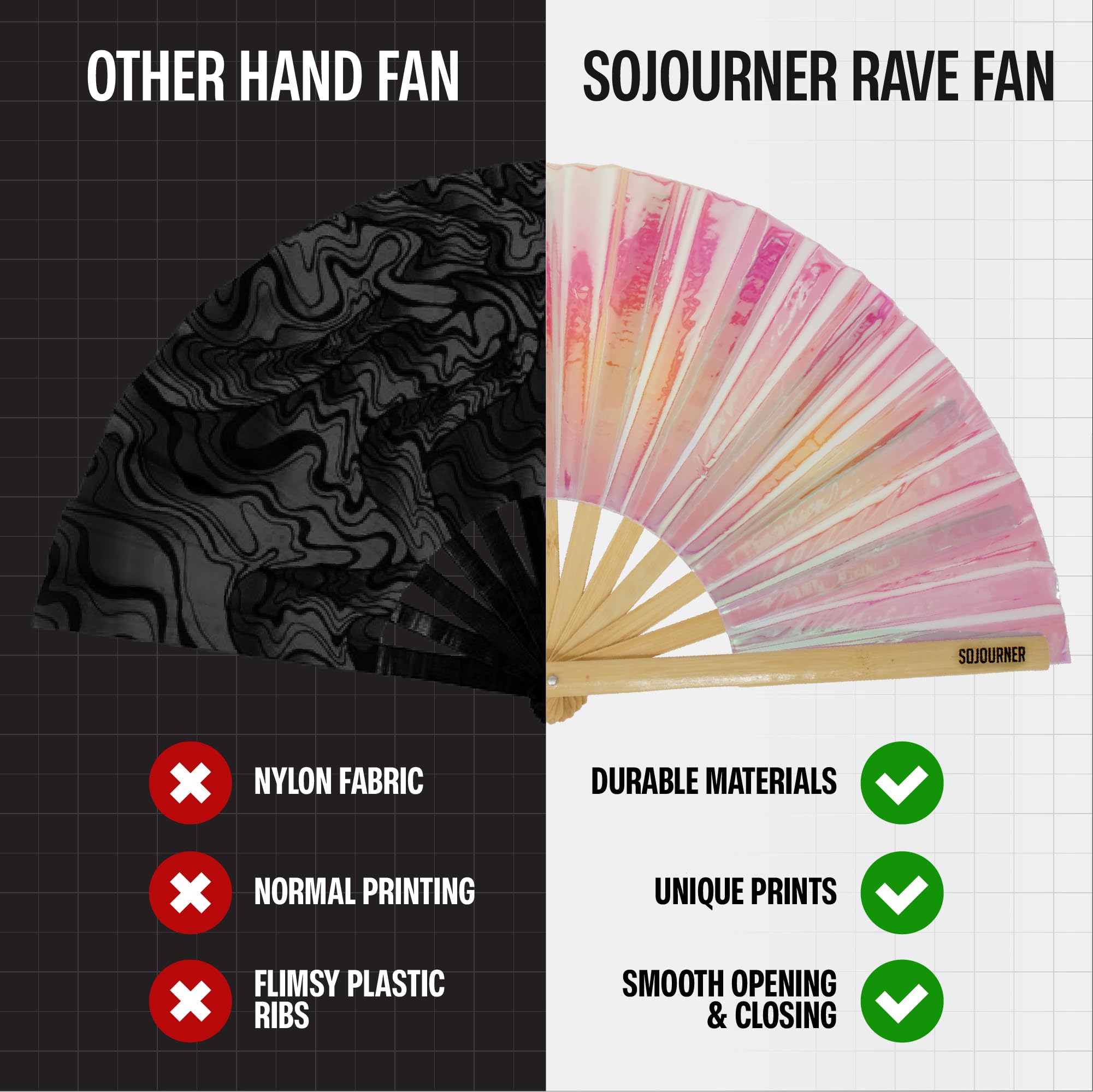 SoJourner Bags Holographic Rave Fan - Festival Fan - Large Folding Fan for Festivals, Halloween, Rainbow Outfits for Women & Rave Accessories - Clack Fan Hand Fan