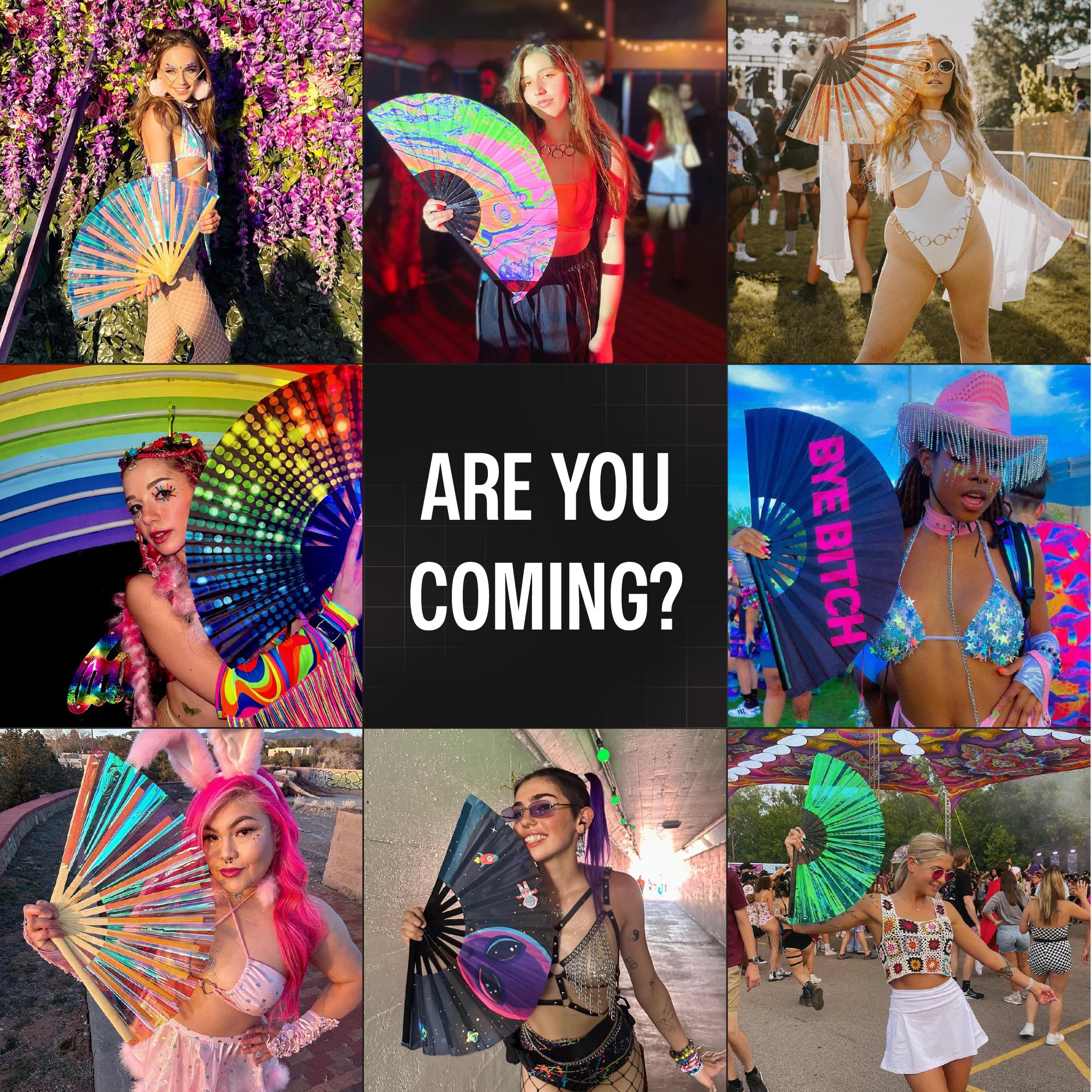 SoJourner Bags Holographic Rave Fan - Festival Fan - Large Folding Fan for Festivals, Halloween, Rainbow Outfits for Women & Rave Accessories - Clack Fan Hand Fan