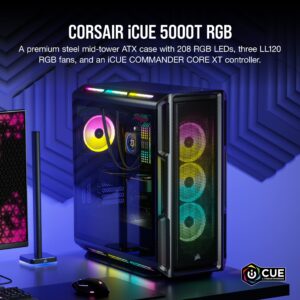 CORSAIR iCUE 5000T RGB Mid-Tower ATX PC Case-208 Individually Addressable RGB LEDs-Fits Multiple 360mm Radiators-Easy Cable Management-3 Included CORSAIR LL120 RGB Fans