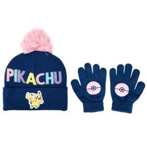 bioworld pokemon pikachu kids navy knit cuff pom beanie and glove set