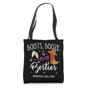 boots booze besties bachelorette nashville girls trip tote bag