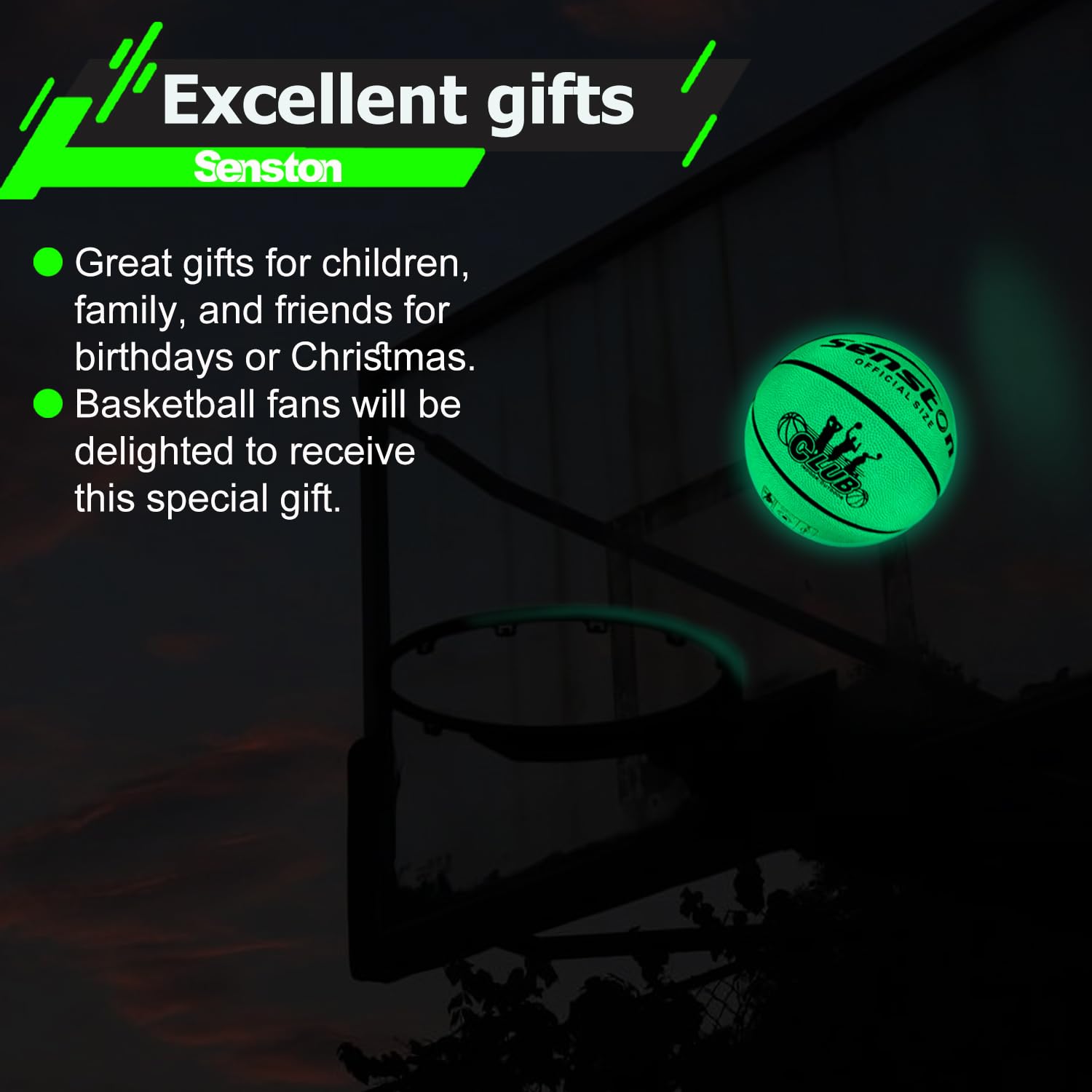 Senston Glow in The Dark Basketball, Premium PU Leather, Size 7, No Batteries Needed, Soft and Comfortable, Ideal Gift for Basketball Lovers