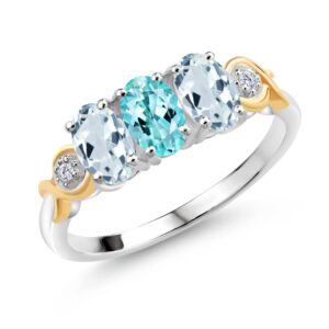 Gem Stone King 1.54 Ct Oval Blue Apatite Sky Blue Aquamarine 925 Silver and 10K Yellow Gold G-H Lab Grown Diamond Women Ring (Size 7)