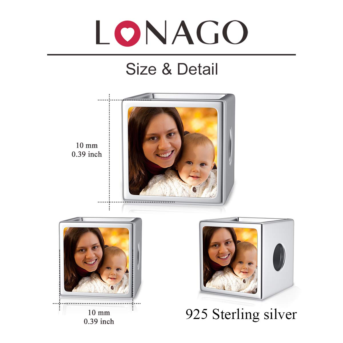 LONAGO Personalized Four-Sided Photo Charm 925 Sterling Silver Customized Bead Holds 4 Images Pictures Fit Snake Bracelet for Women