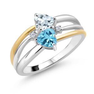 925 silver and 10k yellow gold sky blue aquamarine swiss blue topaz and lab grown diamond ring for women (0.99 cttw, heart shape 5mm, gemstone birthstone, available in size 5, 6, 7, 8, 9)