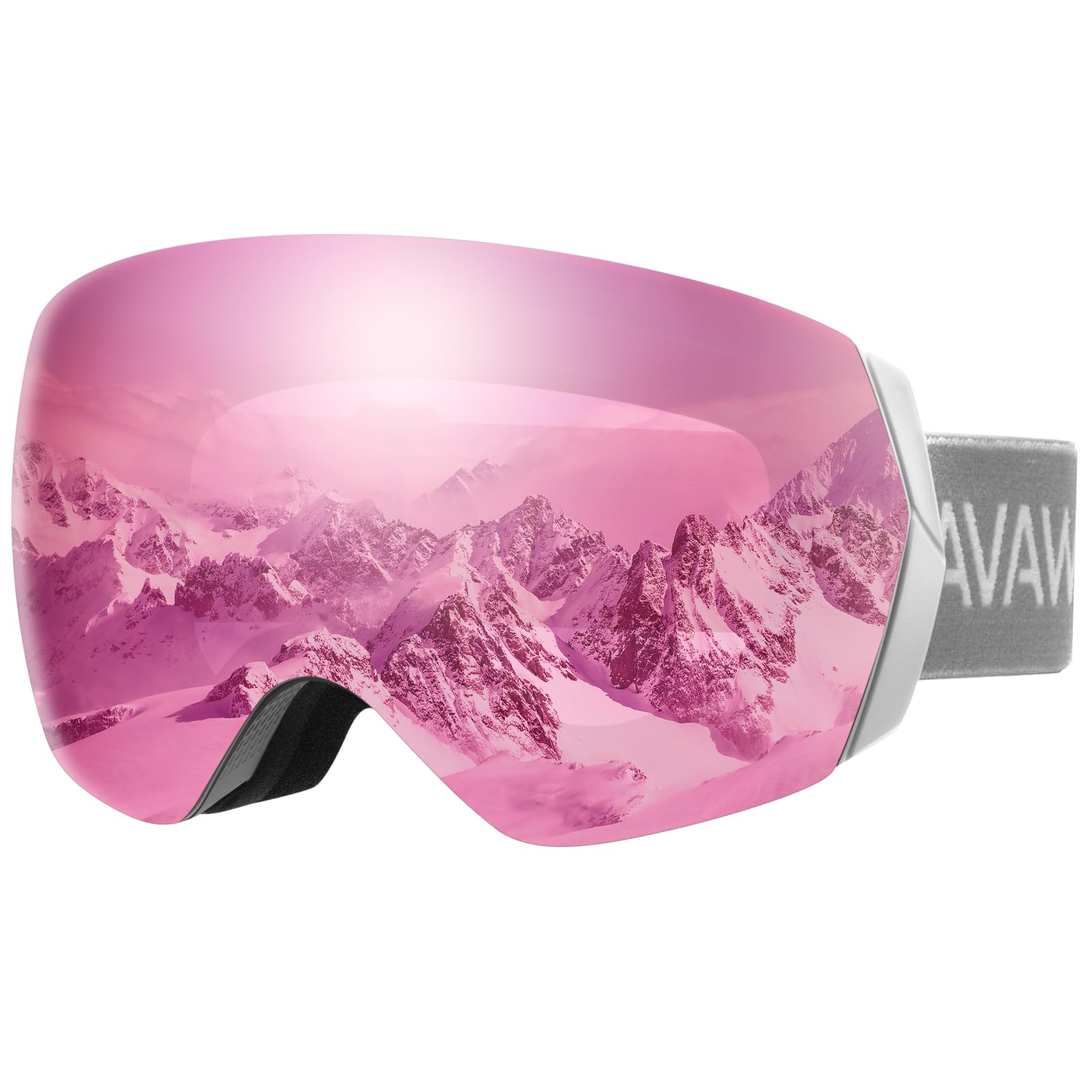 AVAWAY Pink Ski Goggles, Snow Goggles Women, UV 400 Protection Snowboard Goggles Over Glasses Frameless Detachable Lenses