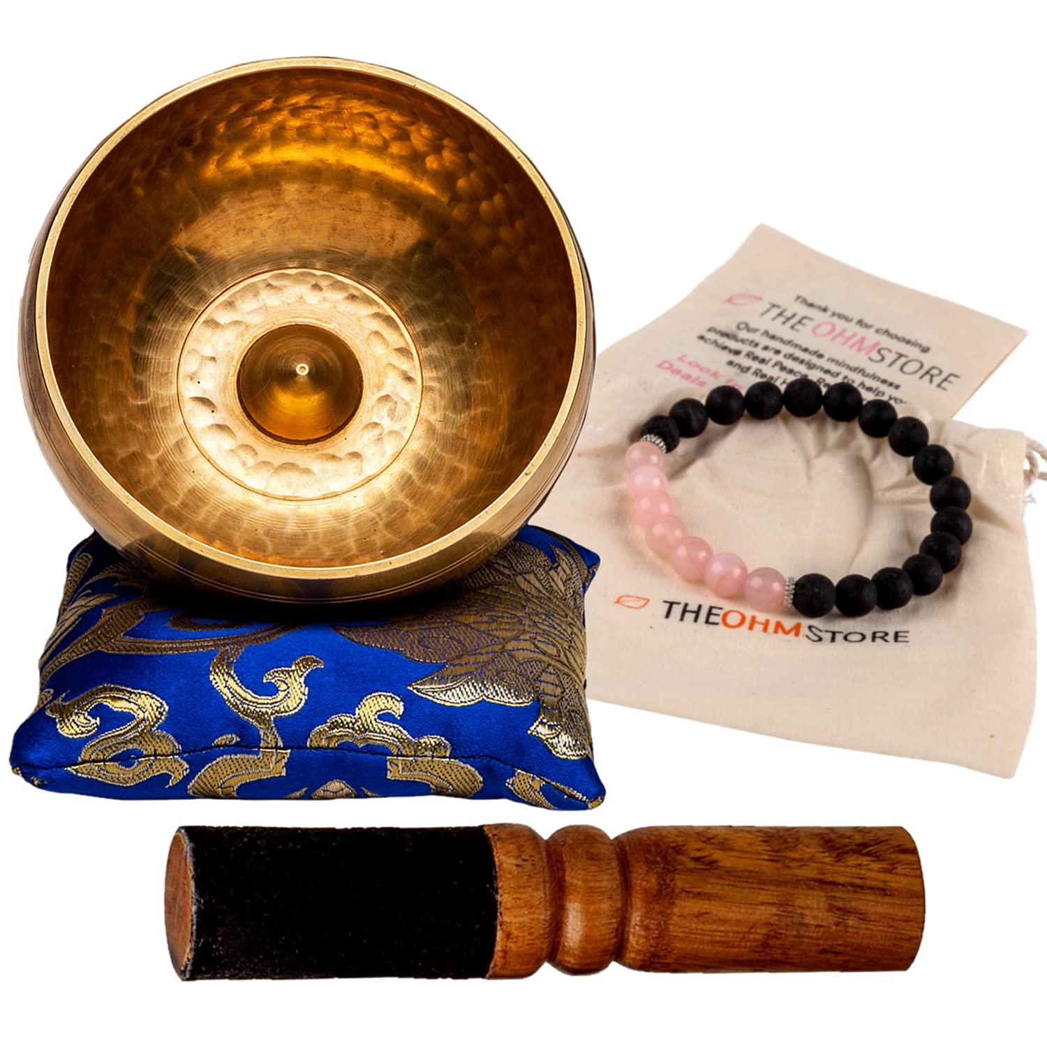 Handcrafted Lingam Meditation Sound Bowl and Lava Stone and Rose Quartz Mala Bracelet Bundle — Yoga, Healing, Intention Setting, and Mantra Recitation