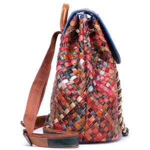 MASIWEI Genuine Leather Patchwork Backpack Purse for Women Multicolor Cute Large Capacity Bookbag with Drawstring Design