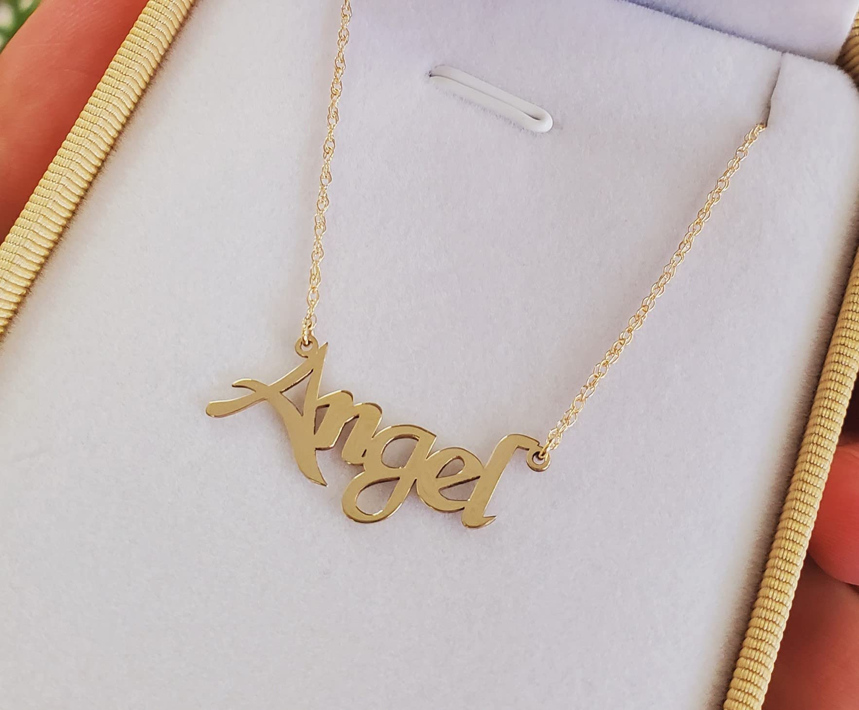 14k Solid Gold Custom Name Necklace Personalized Customizable Mother Day Gift Women Nameplate Dainty Men Handcrafted Made in USA Fine Jewelry High Polished (Yellow Gold)