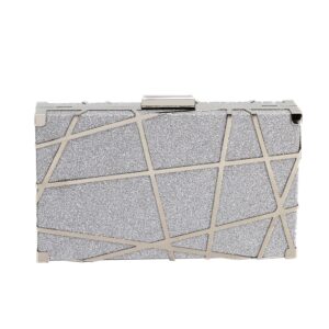 Reberomantic Women Lattice Pattern Metal Handbag Chain Geometric Evening Clutch Purse (Z-Line Silver)