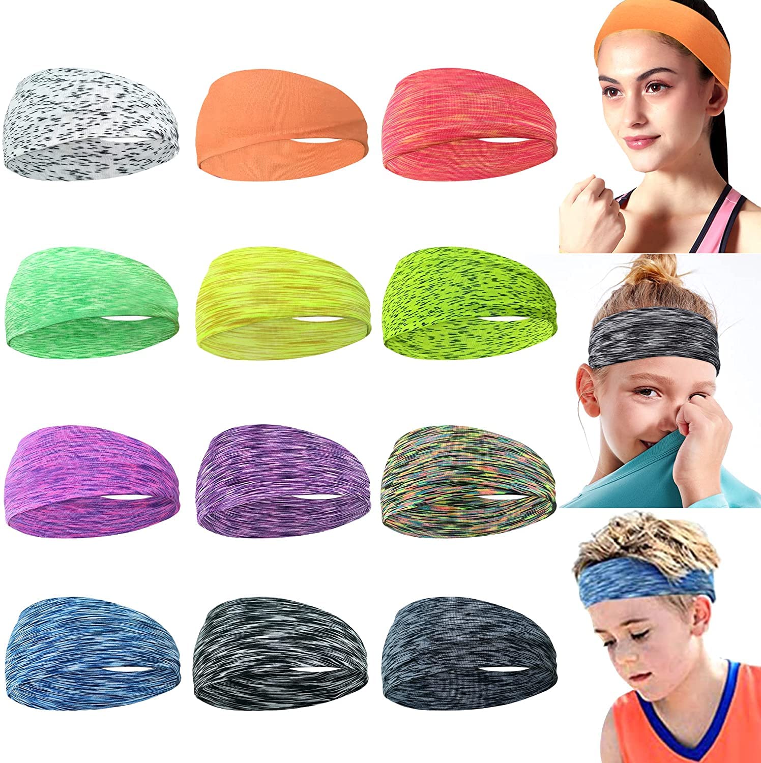 CÉLLOT 12 Colors Sweat Headbands Breathable Athletic Sweatbands Yoga Sports Headbands for Girls and Boys Soft Moisture Wicking Elastic Hairband for Girls and Teenagers Adults