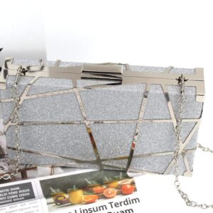 Reberomantic Women Lattice Pattern Metal Handbag Chain Geometric Evening Clutch Purse (Z-Line Silver)