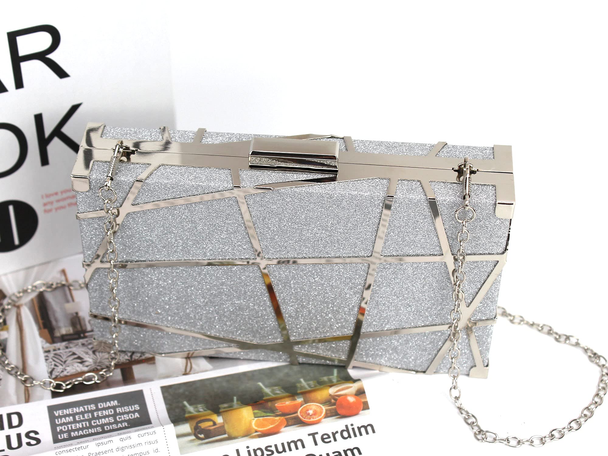 Reberomantic Women Lattice Pattern Metal Handbag Chain Geometric Evening Clutch Purse (Z-Line Silver)