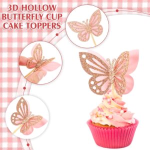 Chinco 48 Pcs Butterfly Cupcake Toppers Assembled Double Layer Cupcake Topper 3D Glitter Cupcake Topper Butterfly Cocktail Pick Decoration for Baby Shower Birthday Wedding (Pink,Classic Style)