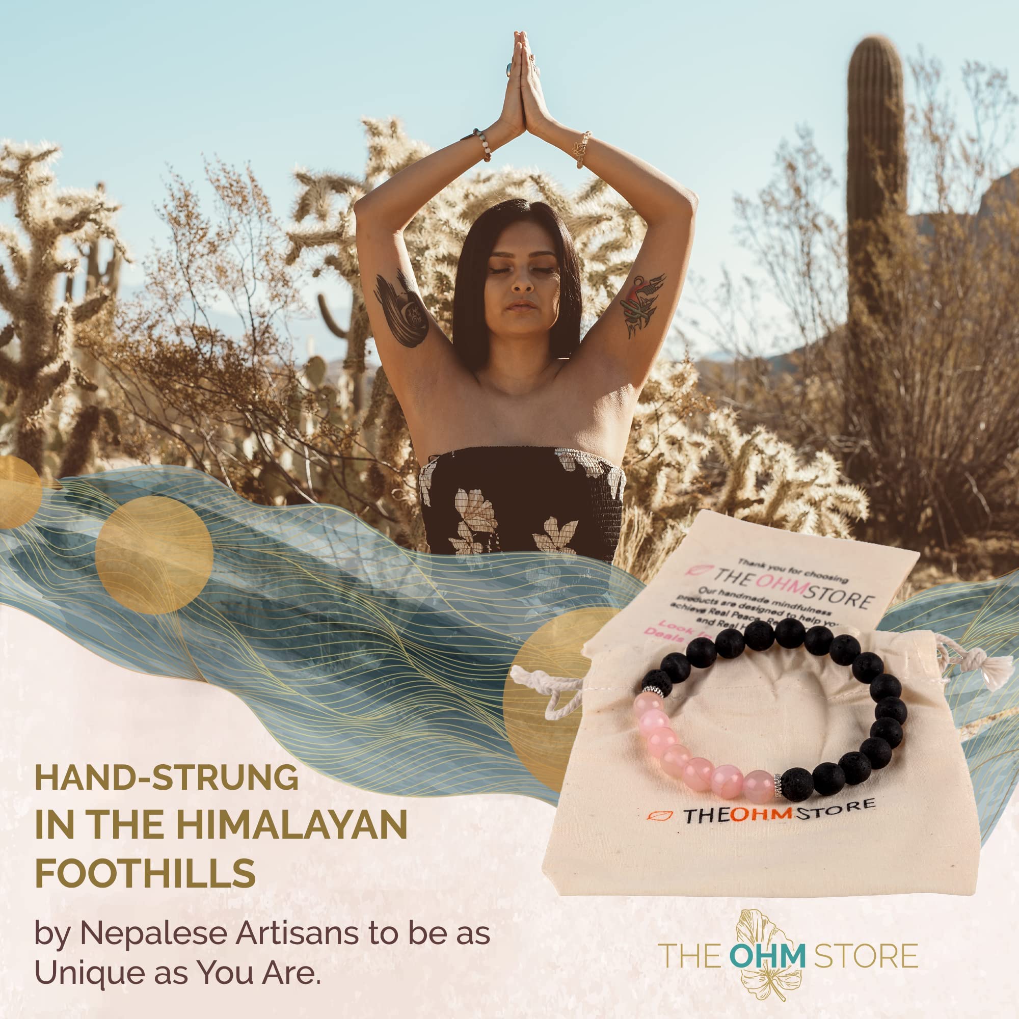 Tibetan Singing Bowl Set with Healing Mantra Engravings Bundle with Rose Quartz and Lava Stone Mala Bracelet — Handcrafted in Nepal for Chakra Healing, Meditation, and Mantra Recitation