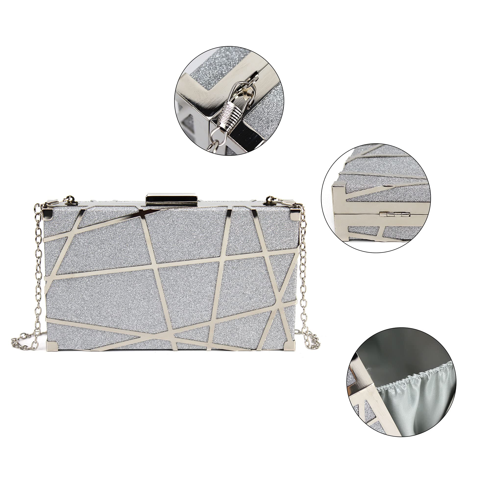 Reberomantic Women Lattice Pattern Metal Handbag Chain Geometric Evening Clutch Purse (Z-Line Silver)