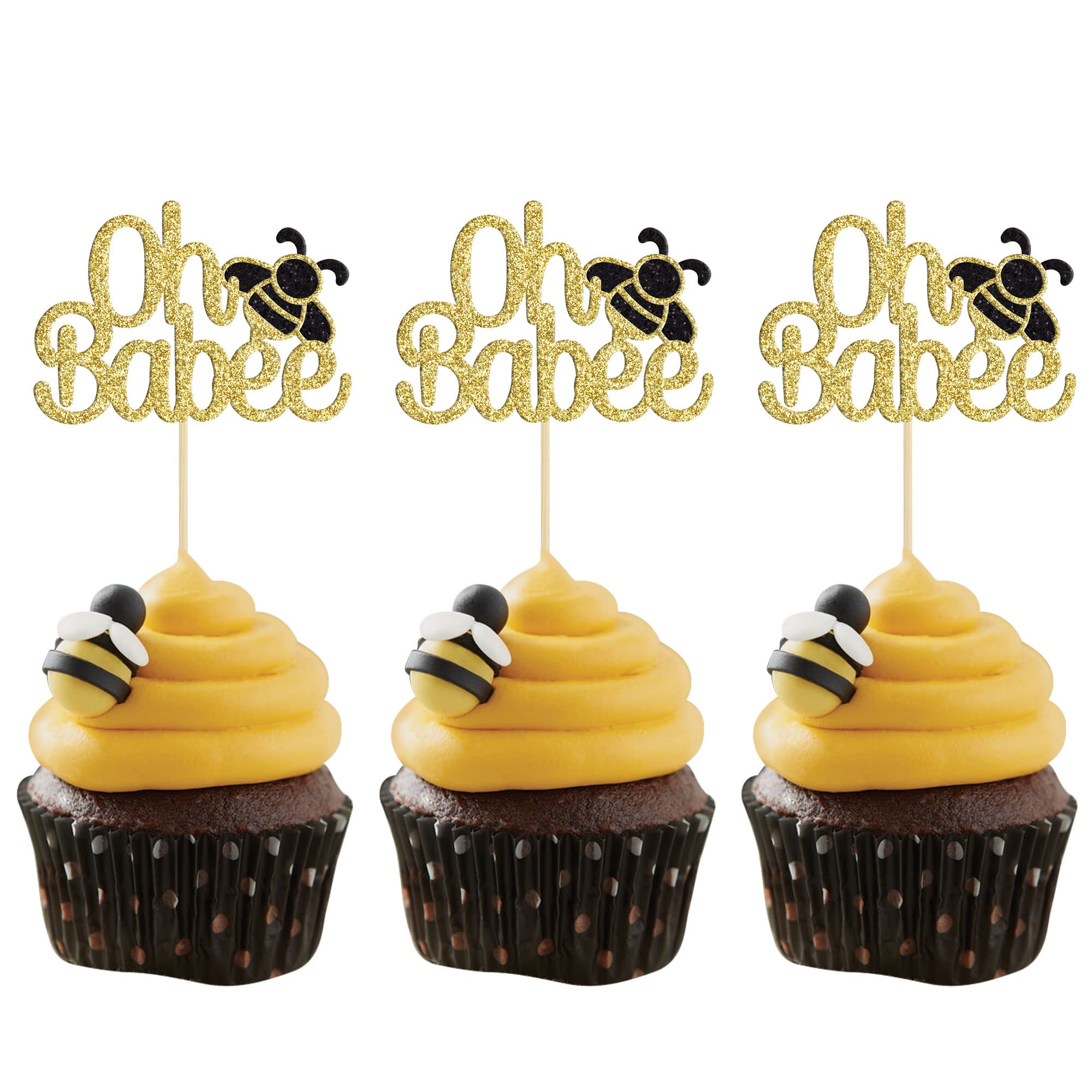 Gyufise 24Pcs Bumble Bee Cupcake Toppers Oh Babee Cupcake Picks Gold Glitter Oh Baby Cupcake Picks for Baby Shower Birthday Party Decorations Supplies