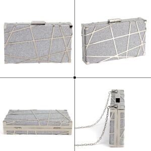 Reberomantic Women Lattice Pattern Metal Handbag Chain Geometric Evening Clutch Purse (Z-Line Silver)