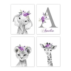 Baby Girl Nursery Wall Art Purple Floral Safari Animals Elephant Giraffe Lion Room Decor 4 UNFRAMED PRINTS