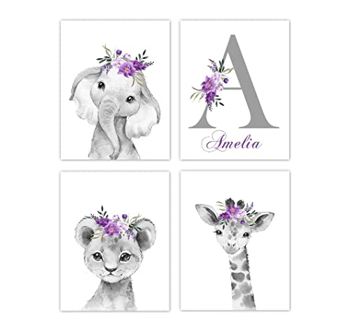 Baby Girl Nursery Wall Art Purple Floral Safari Animals Elephant Giraffe Lion Room Decor 4 UNFRAMED PRINTS