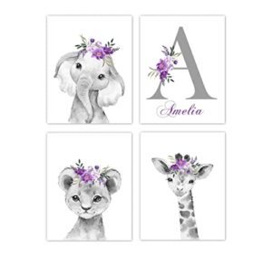 baby girl nursery wall art purple floral safari animals elephant giraffe lion room decor 4 unframed prints