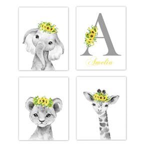 Baby Girl Nursery Wall Art Sunflower Floral Safari Animals Elephant Giraffe Lion Room Decor 4 UNFRAMED PRINTS