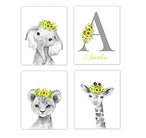 Baby Girl Nursery Wall Art Sunflower Floral Safari Animals Elephant Giraffe Lion Room Decor 4 UNFRAMED PRINTS