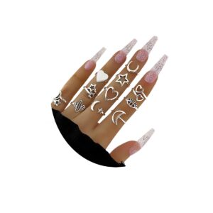 hujuon 11-14 pcs silver knuckle stackable finger ring,cute cat paw joint midi rings,hollow star moon rings,love heart cactus open ring jewelry for women (silver 11pcs)