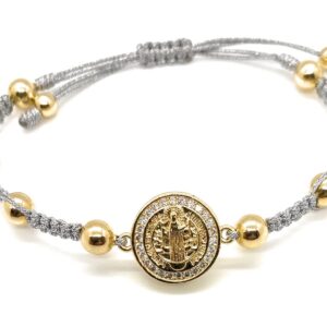 Alea Collection St Benedict Cubic Zirconia Medal Metallic Silver String Protective Bracelet Against Bad Energies and Envy