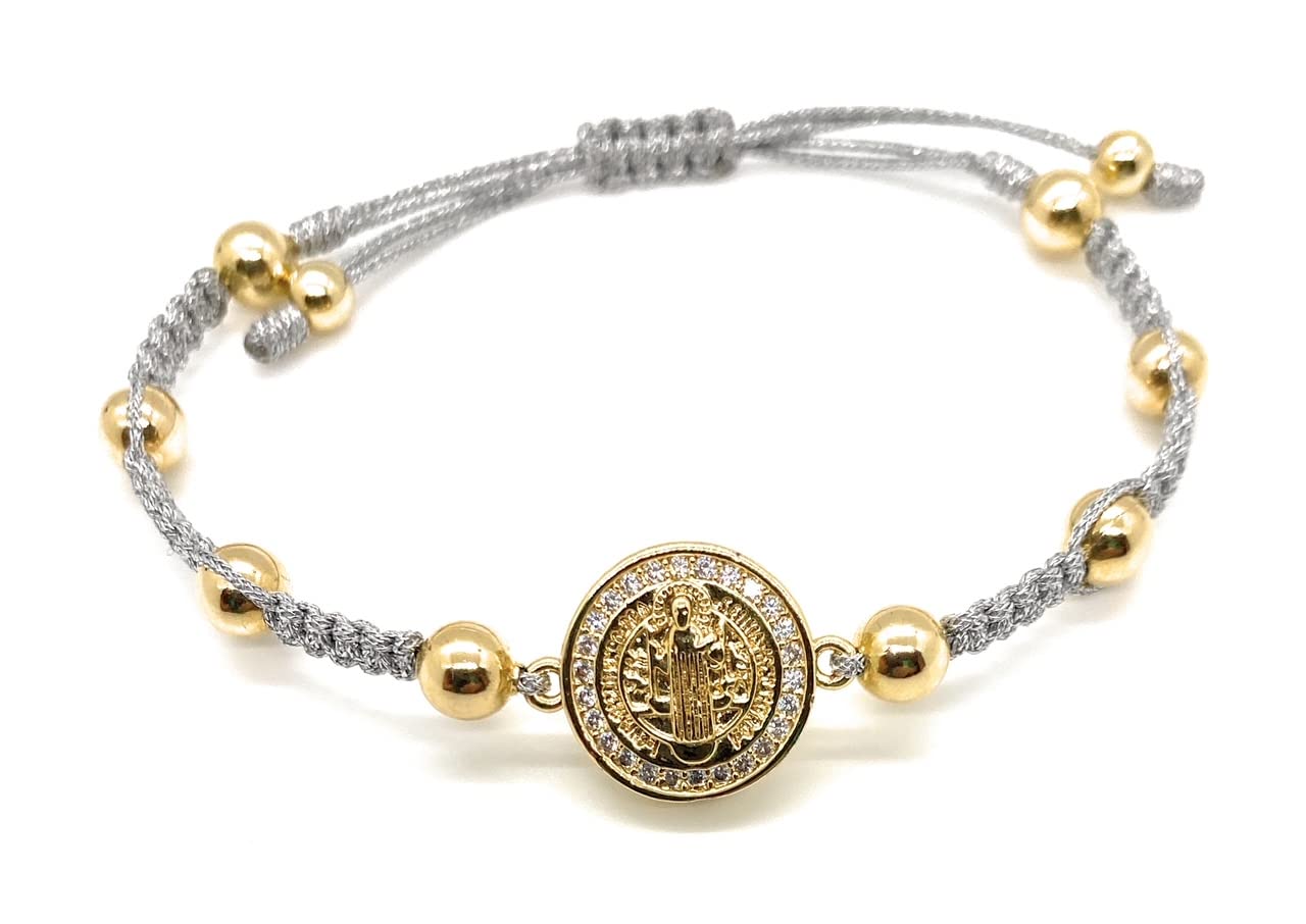 Alea Collection St Benedict Cubic Zirconia Medal Metallic Silver String Protective Bracelet Against Bad Energies and Envy