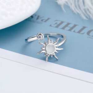 Asymmetric Rotatable Spinner CZ Ring for Women Girls Anti Anxiety Stress Relief Peace Fidget Rings Silver Plating Cute Daisy Sun Star Wrap Open Finger Knuckle Statement Ring Christmas Valentines