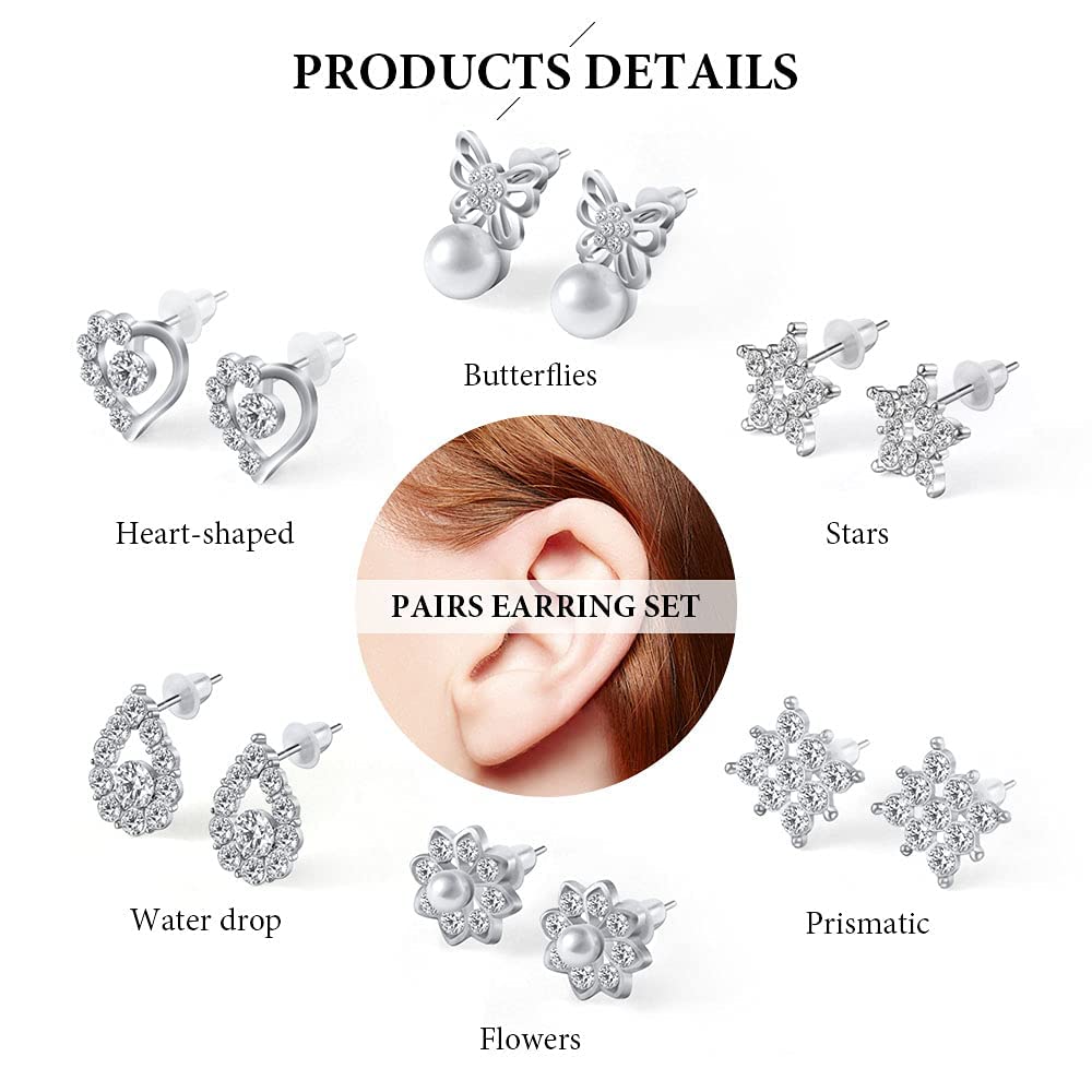 925 Sterling Silver, 6 Pairs 9-12 mm Hypoallergenic Cubic Zirconia Stud, Simulated Diamond Pearl Earrings Set, Elegant & Fashion Jewelry Gift for Wedding Women Girls Mom