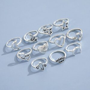 HUJUON 11-14 Pcs Silver Knuckle Stackable Finger Ring,Cute Cat Paw Joint Midi Rings,Hollow Star Moon Rings,Love Heart Cactus Open Ring Jewelry for Women (Silver 11Pcs)