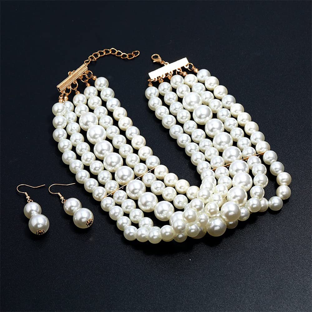 Wekicici Pearl Necklace Earrings Set Multi-Layer Pearl Choker Necklace Costume Accessories for Women