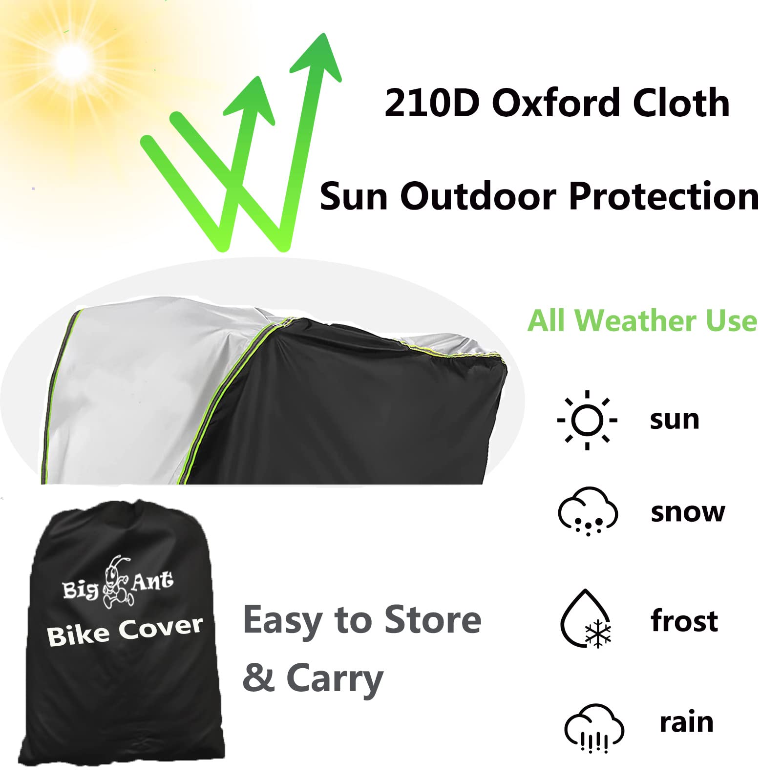 Big Ant Bike Cover Outdoor Waterproof Bicycle Covers with Lock Hole 210D Oxford Fabric Rain Sun UV Dust Snow Wind Proof Bike Cover for Mountain Road Electric Bike(Black & Silver)