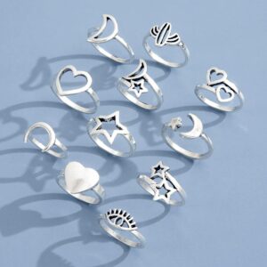 HUJUON 11-14 Pcs Silver Knuckle Stackable Finger Ring,Cute Cat Paw Joint Midi Rings,Hollow Star Moon Rings,Love Heart Cactus Open Ring Jewelry for Women (Silver 11Pcs)