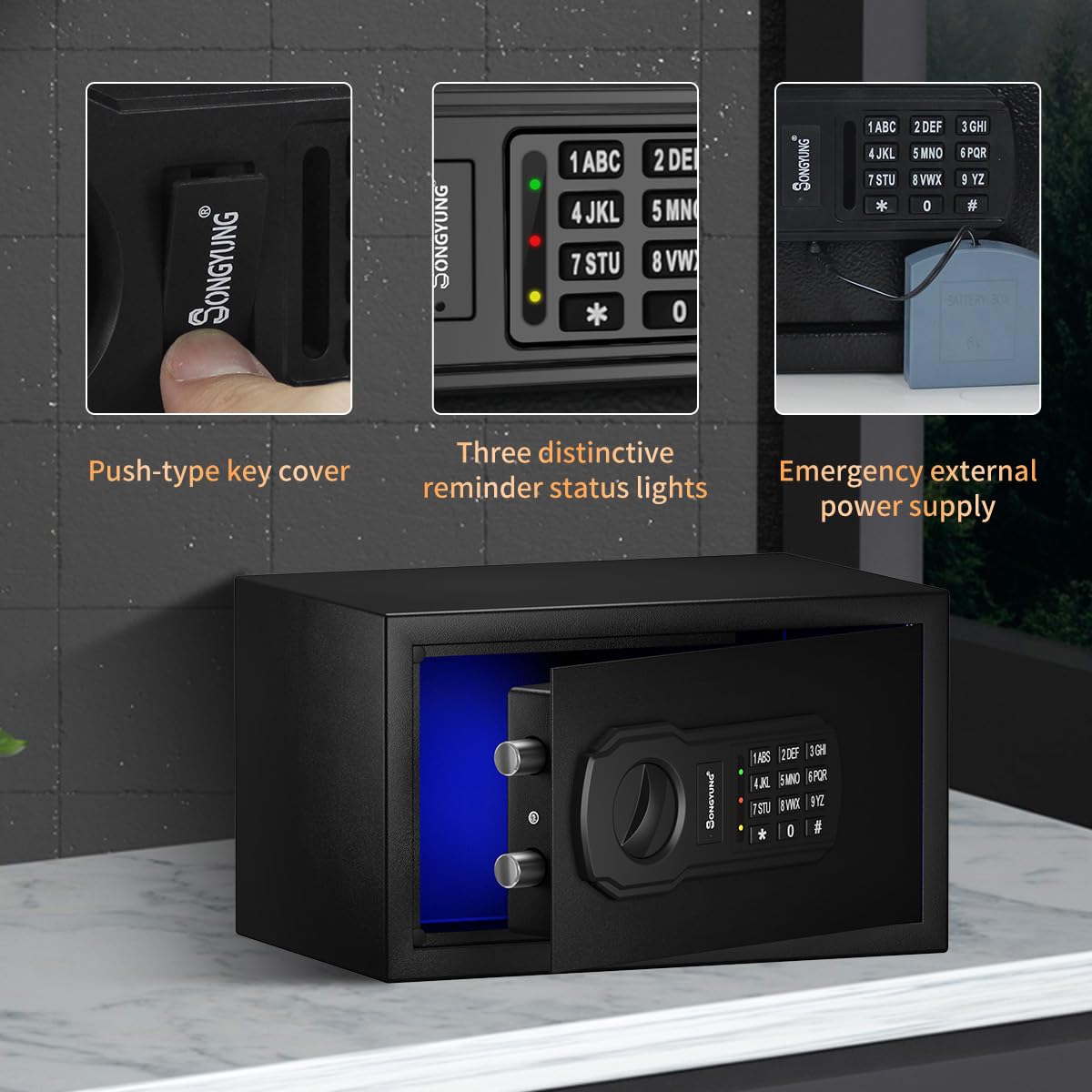 SongYung Fire Resistant Safe Box with Fireproof Waterproof Bag and Sensor Light,0.4 Cubic Feet Money Safe with Emergency External Power Supply,Electronic Digital Security Safe