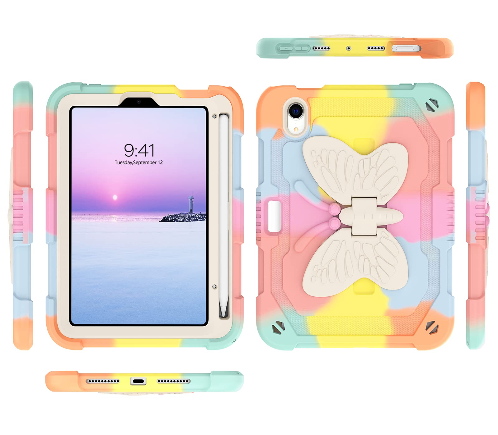 BENTOBEN for iPad Mini 6 Case, iPad Mini 6th Generation Case 2 in 1 Heavy Duty Rugged Shockproof Kickstand Hybrid Bumper Protective Pencil Holder Girls Women Kids Mini 6 Tablet Cover, Colorful Design